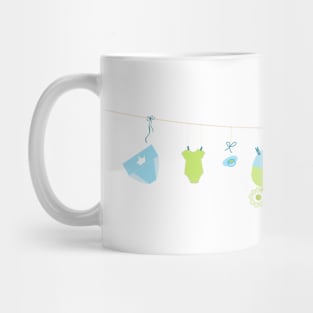 Baby shower card. Baby boy hanging symbols Mug